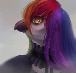 Size: 1280x1222 | Tagged: safe, artist:inarimayer, derpibooru import, oc, oc only, griffon, bust, choker, eyelashes, griffon oc, multicolored hair, rainbow hair, solo