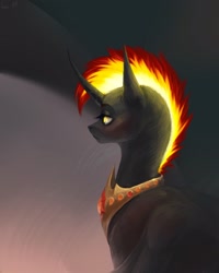 Size: 1728x2160 | Tagged: safe, artist:inarimayer, derpibooru import, oc, oc only, alicorn, pony, alicorn oc, bust, horn, mane of fire, peytral, solo, wings