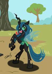 Size: 2481x3508 | Tagged: safe, artist:memprices, derpibooru import, queen chrysalis, changeling, changeling queen, bipedal, evil grin, eye clipping through hair, female, grin, high res, looking at you, menacing, raised hoof, raised leg, smiling, solo, tongue, tongue out, vector