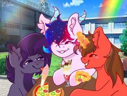 Size: 1024x768 | Tagged: safe, artist:delfinaluther, derpibooru import, oc, alicorn, pegasus, pony, unicorn, eating, food, friends, horns, ice cream, magic, pizza, rainbow, trio