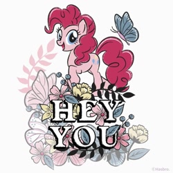 Size: 1080x1080 | Tagged: safe, artist:mylittleponyjpn, derpibooru import, part of a set, pinkie pie, butterfly, earth pony, pegasus, pony, flower, instagram, official, simple background, solo, white background