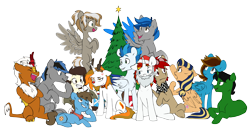 Size: 7083x3645 | Tagged: safe, artist:chub-wub, derpibooru import, oc, oc only, oc:aurora shinespark, oc:verdant pyre, earth pony, kirin, pegasus, unicorn, animal costume, annoyed, antlers, christmas, christmas tree, clothes, costume, cross-popping veins, ear piercing, earring, holiday, jewelry, no source available, piercing, reindeer antlers, reindeer costume, scarf, simple background, transparent background, tree