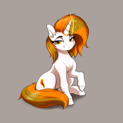 Size: 3200x3200 | Tagged: safe, artist:aquaticvibes, derpibooru import, oc, oc only, oc:aurora shinespark, pony, unicorn, ear piercing, earring, female, fire, jewelry, looking at you, magic, mare, no source available, piercing, raised hoof, raised leg, simple background, sitting, smug