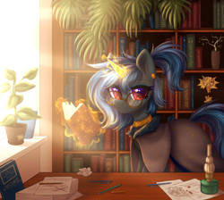 Size: 2900x2600 | Tagged: safe, artist:avrameow, derpibooru import, oc, oc only, unicorn, book, bookshelf, clothes, desk, ear piercing, earring, eyebrows, eyebrows visible through hair, eyeshadow, freckles, glasses, glowing, glowing horn, horn, jewelry, lamp, looking at you, magic, makeup, neck ring, no source available, office, pen, piercing, plant pot, ponytail, potted plant, robe, shading, sunlight, telekinesis, window