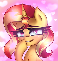 Size: 7200x7600 | Tagged: safe, artist:opal_radiance, derpibooru import, sunset shimmer, pony, unicorn, absurd resolution, commission, female, grin, heart, heart background, heart eyes, hoof on chin, looking at you, mare, smiling, smiling at you, solo, wingding eyes, ych result