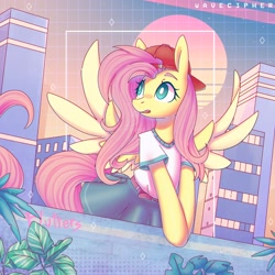 Size: 2480x2480 | Tagged: safe, artist:musicfirewind, derpibooru import, fluttershy, pegasus, pony, 90s grunge fluttershy, backwards ballcap, baseball cap, cap, city, cityscape, clothes, cute, daaaaaaaaaaaw, hat, shirt, shyabetes, skirt, solo, t-shirt