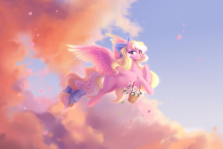 Size: 3000x2000 | Tagged: safe, artist:sparkling_light, derpibooru import, oc, oc only, oc:bay breeze, pegasus, pony, basket, bow, cloud, colored wings, cute, female, flower, flying, gradient wings, hair bow, high res, looking at you, mare, ocbetes, outdoors, pegasus oc, petals, pretty, sky, smiling, smiling at you, solo, spread wings, tail, tail bow, wings