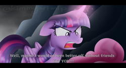 Size: 1024x558 | Tagged: safe, artist:kimmyartmlp, derpibooru import, pinkie pie, twilight sparkle, twilight sparkle (alicorn), alicorn, earth pony, my little pony: the movie, angry, duo, female, glowing, glowing horn, horn, open mouth, scene interpretation, subtitles, yelling