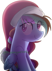 Size: 571x775 | Tagged: safe, artist:kimmyartmlp, derpibooru import, oc, oc only, pegasus, pony, christmas, eye clipping through hair, female, hat, holiday, mare, pegasus oc, santa hat, simple background, smiling, solo, transparent background