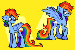 Size: 1015x683 | Tagged: safe, artist:bumblesnail-art, derpibooru import, rainbow dash, pegasus, pony, chest fluff, cute, dashabetes, ear fluff, ears, female, floppy ears, leg fluff, mare, profile, simple background, solo, spread wings, wings, yellow background