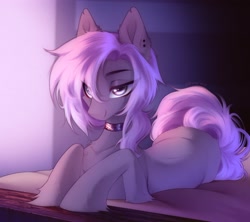 Size: 2542x2259 | Tagged: safe, artist:shenki, derpibooru import, oc, oc only, earth pony, pony, bed, collar, ear piercing, earth pony oc, eye clipping through hair, gradient mane, gradient tail, gray coat, gray eyes, high res, lidded eyes, looking at something, lying down, oc name needed, on bed, on side, piercing, prone, smiling, solo, tail, unshorn fetlocks