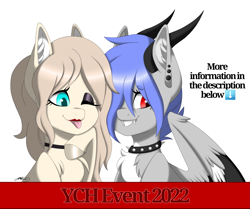 Size: 2481x2076 | Tagged: safe, artist:melodytheartpony, derpibooru import, oc, oc only, oc:melody silver, dracony, dragon, earth pony, hybrid, :p, best friends, choker, commission, duo, duo female, fangs, female, fluffy, fundraiser, horns, piercing, pretty, signature, smiling, tongue, tongue out, wholesome, ych event, your character here