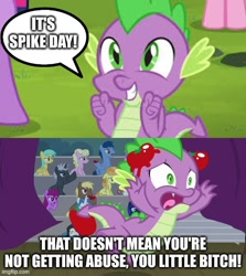 Size: 500x560 | Tagged: safe, edit, edited screencap, screencap, pinkie pie, spike, twilight sparkle, alicorn, dragon, earth pony, pony, horse play, it ain't easy being breezies, abuse, booing, female, food, go to sleep garble, imgflip, male, op is on drugs, op is trying to start shit, op is trying to start shit so badly that it's kinda funny, solo focus, speech bubble, spike day, spikeabuse, stage, text, tomato, tomatoes, url, vulgar