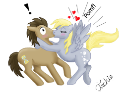 Size: 1024x778 | Tagged: safe, artist:ebonypegasus, derpibooru import, derpy hooves, doctor whooves, blushing, doctorderpy, duo, exclamation point, eyes closed, female, heart, kissing, male, onomatopoeia, pomf, shipping, simple background, spread wings, straight, surprised, transparent background, wingboner, wings