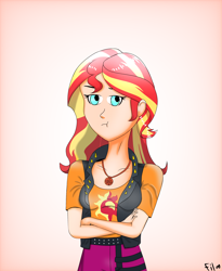 Size: 2050x2500 | Tagged: safe, artist:film77asq, derpibooru import, sunset shimmer, human, equestria girls, clothes, crossed arms, female, gradient background, human coloration, humanized, solo