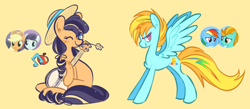 Size: 1280x560 | Tagged: safe, artist:bumblesnail-art, derpibooru import, applejack, coloratura, lightning dust, rainbow dash, earth pony, pegasus, pony, fusion