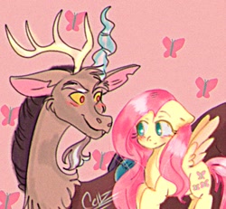 Size: 926x857 | Tagged: safe, artist:cellzidk, derpibooru import, discord, fluttershy, butterfly, blushing, female, looking at each other, looking at someone, male, signature, simple background, spanish description