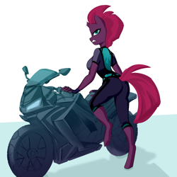 Size: 4000x4000 | Tagged: safe, artist:shooshaa, derpibooru import, tempest shadow, anthro, unguligrade anthro, unicorn, broken horn, female, frown, horn, motorcycle, simple background, solo, white background
