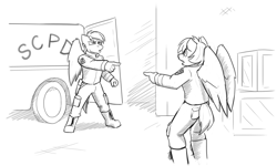 Size: 5000x3000 | Tagged: safe, artist:captainhoers, derpibooru import, oc, oc only, oc:dual screen, oc:rainbow code, anthro, pegasus, plantigrade anthro, 60s spider-man, duo, grayscale, meme, monochrome, pointing, ponified, ponified meme