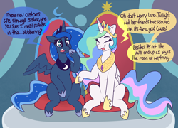 Size: 4812x3474 | Tagged: safe, artist:graphenescloset, derpibooru import, princess celestia, princess luna, alicorn, pony, series:luna's blubbering, absurd resolution, confused, dialogue, duo, duo female, eye clipping through hair, eyebrows, eyebrows visible through hair, eyes closed, female, frown, implied mane six, incentive drive, mare, open mouth, open smile, royal sisters, siblings, sisters, sitting, smiling, speech bubble, talking, this will end in weight gain, throne, throne room, weight gain sequence