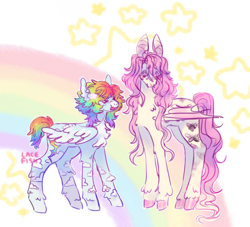 Size: 1088x990 | Tagged: safe, artist:lacedfish, derpibooru import, fluttershy, rainbow dash, pegasus, pony, chest fluff, colored hooves, female, flutterdash, height difference, lesbian, mare, rainbow, shipping, tallershy