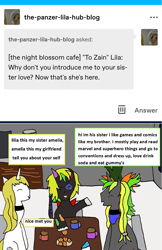 Size: 1171x1812 | Tagged: safe, artist:ask-luciavampire, derpibooru import, oc, pegasus, pony, undead, unicorn, vampire, ask, ask-ponys-gamer-club, cafe, food, tumblr