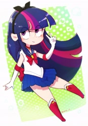 Size: 2300x3296 | Tagged: safe, artist:nendo, derpibooru import, twilight sparkle, human, blushing, clothes, cosplay, costume, cute, humanized, peace sign, sailor moon, twiabetes
