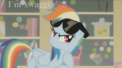 Size: 1280x718 | Tagged: safe, derpibooru import, edit, edited screencap, screencap, rainbow dash, pegasus, pony, the mysterious mare do well, female, hub logo, logo, pmv, solo, sugarcube corner, sunglasses, swag, the hub