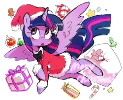 Size: 1266x1029 | Tagged: safe, artist:nendo, derpibooru import, twilight sparkle, twilight sparkle (alicorn), alicorn, pony, bag, bowtie, candy, candy cane, christmas, christmas tree, clothes, costume, food, gift box, gingerbread man, hat, holiday, merry christmas, misspelling, open mouth, ornament, santa costume, santa hat, simple background, stars, text, tree