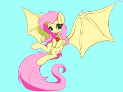 Size: 1280x960 | Tagged: safe, artist:tinybenz, derpibooru import, fluttershy, bat pony, pony, apple, bat ponified, blue background, cute, female, flutterbat, food, large wings, mare, race swap, shyabetes, simple background, solo, species swap, spread wings, wings