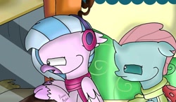 Size: 1024x599 | Tagged: safe, artist:beesmeliss, derpibooru import, ocellus, silverstream, changedling, changeling, chibi, clothes, earmuffs, scarf