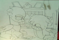 Size: 1280x876 | Tagged: safe, artist:beesmeliss, derpibooru import, gallus, grampa gruff, griffon, chibi, lying down, monochrome, prone, traditional art