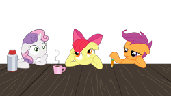 Size: 3000x1688 | Tagged: safe, artist:valadrem, derpibooru import, apple bloom, scootaloo, sweetie belle, pony, ponyville confidential, season 2, coffee mug, cutie mark crusaders, female, filly, foal, mug, pencil, simple background, transparent background, vector