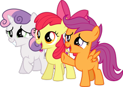 Size: 3000x2108 | Tagged: safe, artist:valadrem, derpibooru import, apple bloom, scootaloo, sweetie belle, earth pony, pegasus, pony, unicorn, season 5, the mane attraction, cutie mark crusaders, female, filly, foal, simple background, transparent background, vector