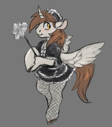 Size: 761x857 | Tagged: safe, artist:purple-blep, derpibooru import, oc, oc:mitchy, alicorn, alicorn oc, brown mane, brown tail, chest fluff, clothes, crossdressing, duster, ears, femboy, fishnet clothing, fishnet pantyhose, floppy ears, golden eyes, gray background, gray coat, holding, horn, looking back, looking to side, looking to the right, maid, maid headdress, maid outfit, male, simple background, smiling, solo, spread wings, standing, wings