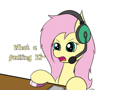 Size: 1907x1421 | Tagged: safe, artist:wapamario63, fluttershy, pegasus, pony, computer mouse, dialogue, female, flat colors, frown, gaming, gaming headset, headphones, headset, keyboard, mare, messy mane, microphone, open mouth, scowl, simple background, sitting, slur, solo, transparent background, vulgar