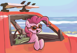Size: 833x572 | Tagged: safe, artist:plunger, ponerpics import, gummy, pinkie pie, crocodile, earth pony, pony, beach, car, cute, drawthread, happy, open mouth, open smile, pet, smiling, sunglasses, truck, water