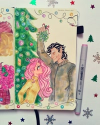 Size: 1788x2235 | Tagged: safe, artist:valeriamagicart, derpibooru import, discord, fluttershy, human, age difference, christmas, christmas tree, discoshy, duo, elf ears, female, holiday, humanized, male, mistletoe, shipping, straight, traditional art, tree