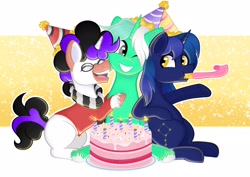 Size: 2048x1448 | Tagged: safe, artist:balychen, derpibooru import, oc, oc only, oc:colarus, oc:shooting star, oc:vynarity, birthday, cake, food, hat, mucca, not lyra, party hat, party horn, simple background, unshorn fetlocks