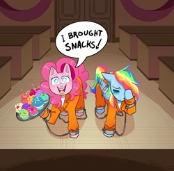 Size: 1524x1500 | Tagged: safe, artist:stevetwisp, derpibooru import, pinkie pie, rainbow dash, pegasus, pony, bribery, clothes, courtroom, cuffed, cupcake, female, food, mare, prison outfit, prisoner pp, prisoner rd, text, wing cuffs