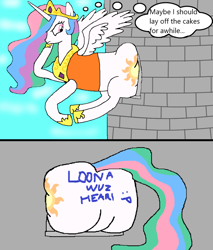 Size: 1000x1175 | Tagged: safe, artist:goofermutt, derpibooru import, princess celestia, alicorn, pony, body writing, butt, castle, implied princess luna, large butt, plot, stuck, sunbutt, the ass was fat, thought bubble