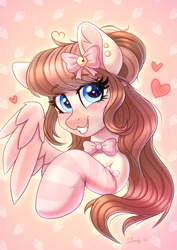 Size: 2480x3508 | Tagged: safe, artist:dandy, derpibooru import, oc, oc only, oc:strawberry milk, pegasus, pony, blushing, bow, bowtie, bust, clothes, ear fluff, ears, female, hair bun, heart, heart eyes, high res, looking at you, smiling, socks, solo, wingding eyes