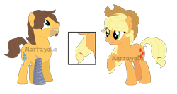 Size: 916x487 | Tagged: safe, artist:marrayala, derpibooru import, applejack, caramel, earth pony, pony, alternate hairstyle, amputee, base used, carajack, duo, female, five o'clock shadow, male, mare, prosthetic leg, prosthetic limb, prosthetics, shipping, simple background, stallion, straight, transparent background, watermark