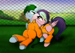 Size: 1380x975 | Tagged: safe, artist:skyeypony, derpibooru import, oc, oc only, oc:galactic lights, oc:wozzy, clothes, duo, fence, prison outfit, prisoner, wing cuffs