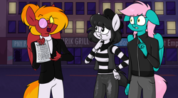 Size: 3000x1652 | Tagged: safe, artist:moonatik, derpibooru import, oc, oc only, oc:cid, oc:isabelle incraft, oc:izzy, oc:moonatik, anthro, earth pony, pegasus, alternate timeline, beret, clothes, contract, deltarune, ears, earth pony oc, female, floppy ears, glasses, hair bun, hat, male, mare, mime, new lunar millennium, nightmare takeover timeline, pegasus oc, spamton, stallion, story included