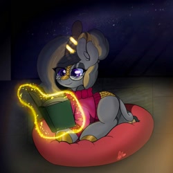 Size: 2000x2000 | Tagged: safe, derpibooru import, oc, oc:luxury royale, kirin, pony, book, clothes, cushion, glasses, horn, magic, reading, solo, sweater