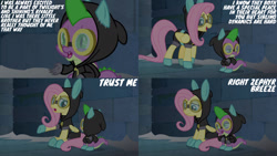 Size: 1280x720 | Tagged: safe, derpibooru import, edit, edited screencap, editor:quoterific, screencap, fluttershy, spike, dragon, pegasus, pony, season 9, sparkle's seven, spoiler:s09, clothes, costume, dangerous mission outfit, female, goggles, hoodie, male, mare, open mouth, open smile, smiling, winged spike, wings