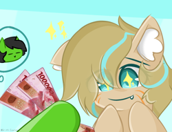 Size: 1300x995 | Tagged: safe, artist:grithcourage, derpibooru import, oc, oc:grith courage, earth pony, pony, adorable face, cute, ear fluff, ears, excited, fangs, hopping, money, simple background