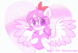 Size: 2131x1448 | Tagged: safe, artist:memengla, derpibooru import, oc, oc only, pegasus, pony, female, free art, heart, looking at you, simple background, solo, spread wings, wings