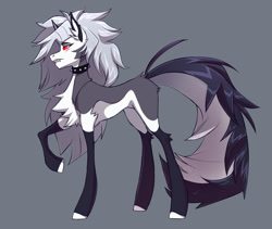 Size: 1280x1081 | Tagged: safe, artist:1an1, derpibooru import, oc, oc only, earth pony, pony, blank flank, chest fluff, collar, crossover, ear fluff, ears, fangs, female, gray background, grey hair, helluva boss, long hair, looking back, loona (helluva boss), mane, pale belly, ponified, raised leg, red sclera, side view, simple background, solo, spiked collar, std, syphilis, tail, teeth, white eyes